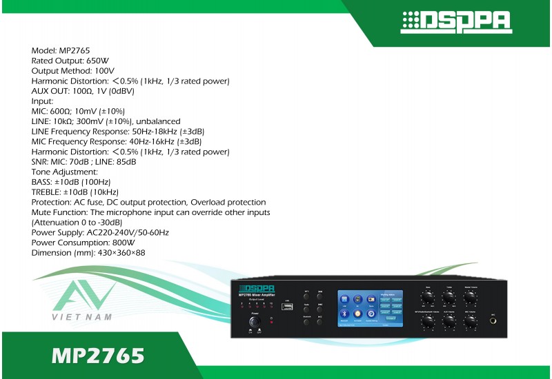 DSPPA MP2765 - Amply Mixer 6 vùng có Bộ hẹn giờ & USB & Bộ dò sóng & Bluetooth 650W